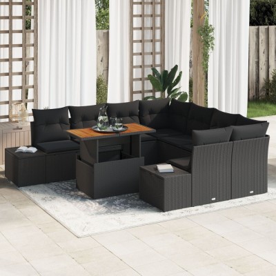 Gossi set de dining pentru gradina 9 piese cu perne ratan poli si acacia negru foto