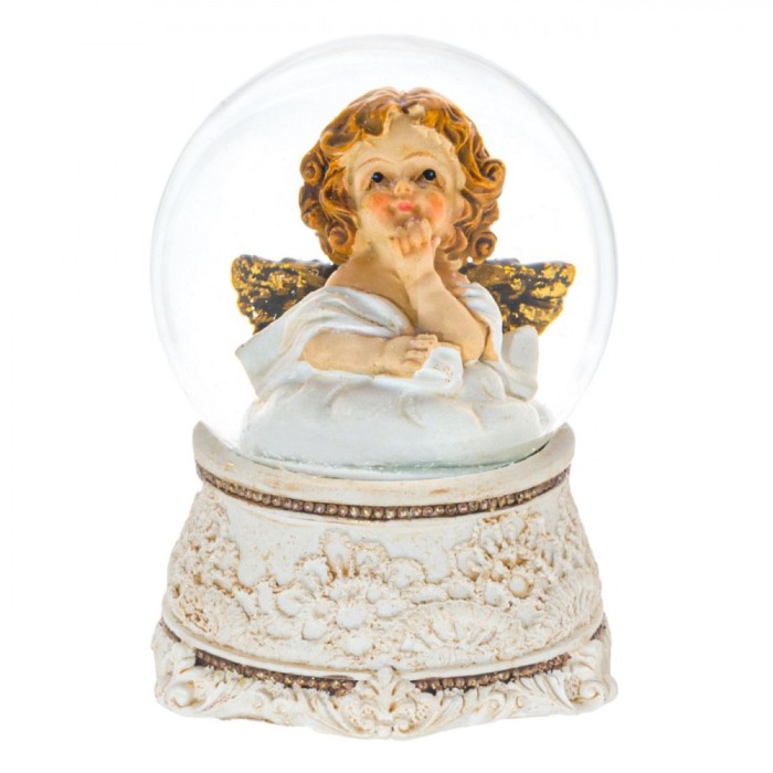 Glob Lichid Decorativ Crăciun, Ingeraș, Aripi Aurii, Suport Ecru, Sticlă, Diametru 7cm, &Icirc;nălțime 8cm