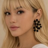 Cercei Retro Flori Mari Negru Auriu Elegante - 6 cm Lungime Aliaj Zinc