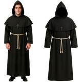 Costum de calugar/preot, pentru Halloween, tunica, gluga, snur, marimea L, negru