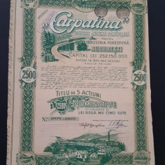 Actiune 1943 Carpatina / industria lemnului / forestiera / titlu de 5 actiuni