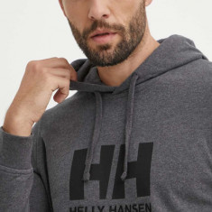 Helly Hansen hanorac de bumbac HH LOGO HOODIE bărbați, culoarea gri, cu glugă, cu imprimeu 33977