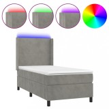 Cumpara ieftin Pat cu arcuri, saltea si LED, gri deschis, 100x200 cm, catifea