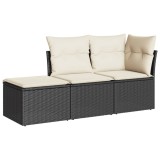 Set mobilier de gradina cu perne, 3 piese, negru, poliratan