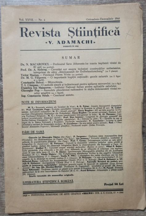 Revista Stiintifica V. Adamachi, octombrie-decembrie 1941