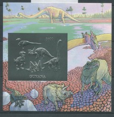GUYANA 1993 ANIMALE PREISTORICE DINOZAURI SILVER FOIL MICHEL 50 EURO foto