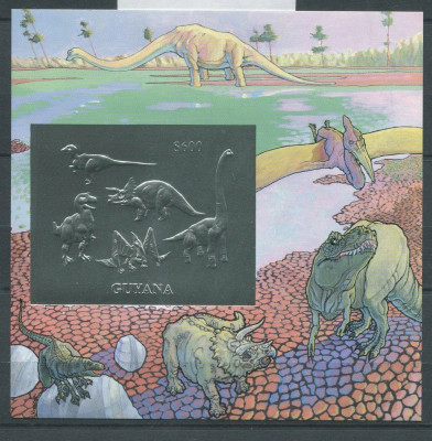 GUYANA 1993 ANIMALE PREISTORICE DINOZAURI SILVER FOIL MICHEL 50 EURO foto