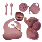 Set 10 Piese Servire Masa, pentru Bebelusi, din Silicon/Lemn, cu Ventuze Anti-alunecare, fara Alergeni. +6 Luni, Model Elefant, Maro
