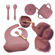 Set 10 Piese Servire Masa, pentru Bebelusi, din Silicon/Lemn, cu Ventuze Anti-alunecare, fara Alergeni. +6 Luni, Model Elefant, Maro