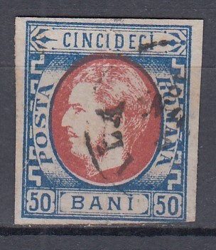 ROMANIA 1869 LP 29 CAROL I CU FAVORITI 50 BANI ALBASTRU SI ROSU STAMPILAT foto