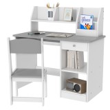 ZONEKIZ Birou pentru copii cu scaun ergonomic, cu tavă culisantă pentru tastatură, nișe și rafturi deschise 90 x 45 x 90 cm gri | Aosom Romania