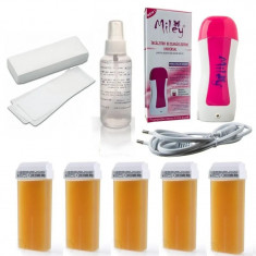 Kit Epilare Ceara cu Incalzitor, 5 Rezerve 5 x 100 ml, 50 Hartii Epilare si Ulei Dupa Epilat 100 ml