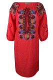Rochie traditionala R24, rosu , marimea 3XL, Bumbac