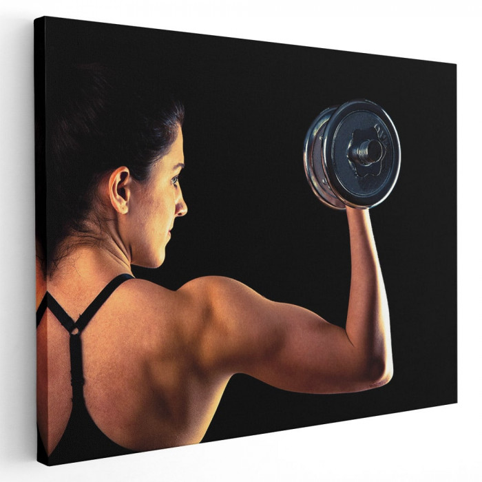 Tablou femeie antrenament fitness cu gantera Tablou canvas pe panza CU RAMA 30x40 cm