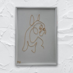 Bulldog, tablou sculptura din fir continuu de sarma placata cu aur, 19×25 cm
