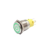 Buton push iluminat cu mentinere, 5A 12, 24V DC, 16mm, IP67, metalic, inel LED verde, 5 pini, FLM16-FJ-1-EC003-S11Z5-GREEN