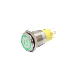 Buton push iluminat cu mentinere, 5A 12, 24V DC, 16mm, IP67, metalic, inel LED verde, 5 pini, FLM16-FJ-1-EC003-S11Z5-GREEN