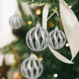 Set ornament brad de Crăciun - ornament argintiu cu sclipici - 7 cm - 6 buc / pachet