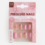Set Unghii False Square Roz cu Adeziv Glitter &ndash; 12 buc, CMCLASS