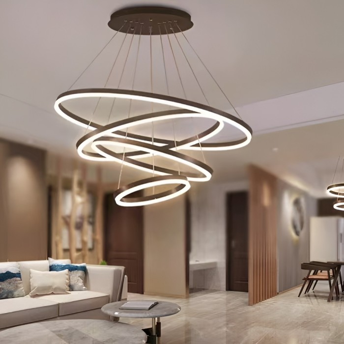 Lustra LED suspendata cu telecomanda CASIANA 130W, 4 Cercuri, lumina Rece/Calda/Neutra, Dimabila, Negru, Inaltime Reglabila ModernLight Concept