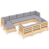 Cumpara ieftin Set mobilier gradina cu perne, 10 piese, gri, lemn masiv pin