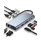 Convertor USB tip C-HDMI+VGA+USB 3.0 A+3xUSB2.0+USB tip C PD+card reader+RJ45+3.5st t-m 11in1
