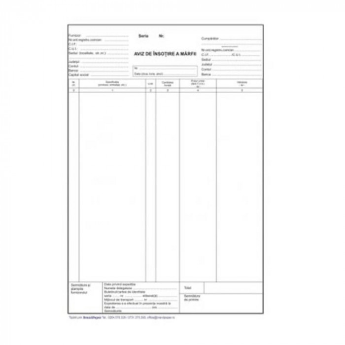 Aviz Insotire Marfa A4, 3 Ex, 50 Seturi/Carnet - Formular Tipizat Autocopiativ
