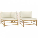 Set mobilier de grădină cu perne alb crem, 2 piese, bambus, vidaXL