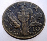 Moneda Italia 10 Centesimi 1943 R Vittorio Emanuele III, WWII, Aliaj Bronz-Aluminiu, 4.8g, 22.5mm, KM# 74a