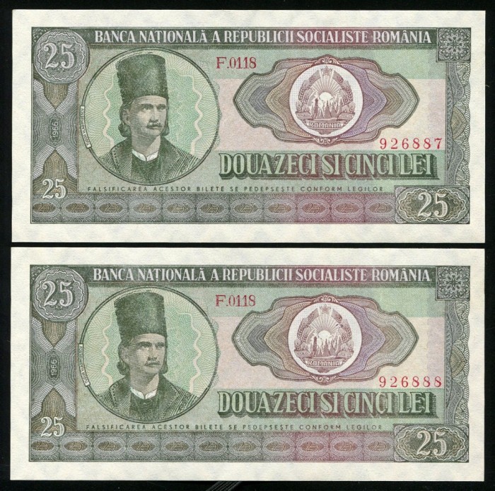 q546 PERECHE CONSECUTIVA 25 LEI 1966 NECIRCULATA UNC