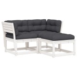 Set canapele de gradina cu perne 3 piese alb lemn masiv de pin