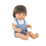 Papusa baiat caucazian 38 cm, par saten inchis, in salopeta, corp parfumat,, MINILAND