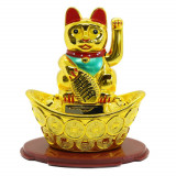 Pisica norocoasa maneki neko solara aurie pe pepita cu monede - 14cm, Stonemania Bijou