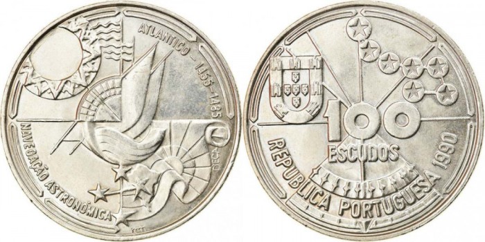Portugalia 100 Escudos 1990 &#039;Navigație celestă&#039; aUNC KM649 Comemorativă