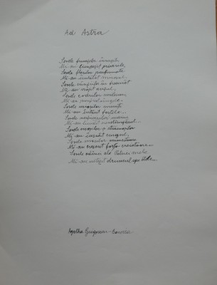 Manuscris de expozitie scris olograf de poeta Agatha Grigorescu Bacovia, poezia Ad Astra foto