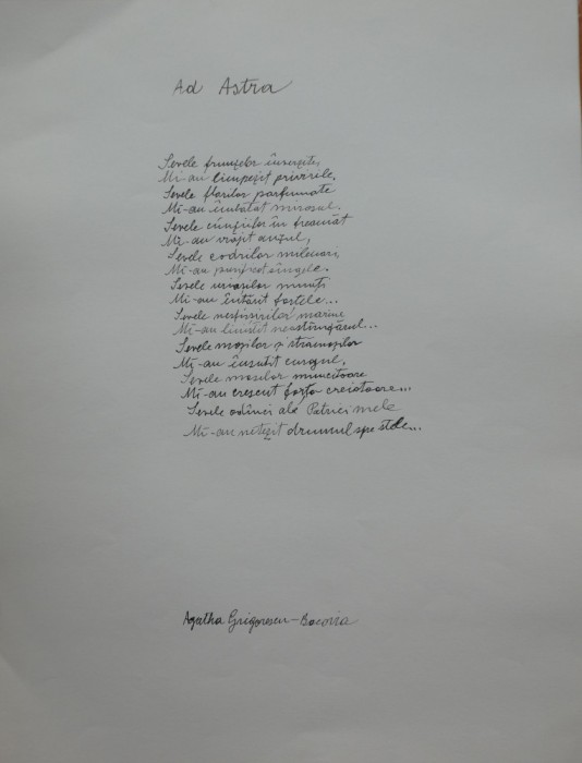 Manuscris de expozitie scris olograf de poeta Agatha Grigorescu Bacovia, poezia Ad Astra