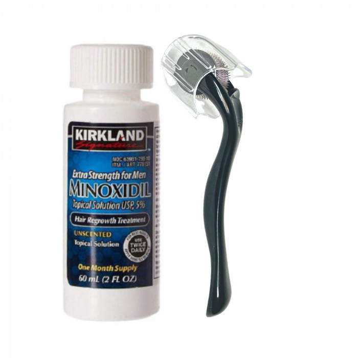 Minoxidil Kirkland 5%, 1 Luna Aplicare, Dermaroller Cu Capac Protector, Tratament Pentru Cresterea Parului / Barbii