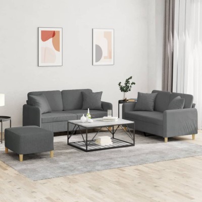vidaXL Set de canapele cu perne, 3 piese, gri &amp;icirc;nchis, textil foto