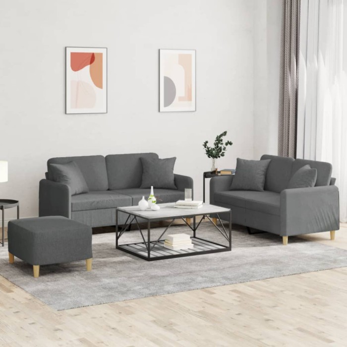 vidaXL Set de canapele cu perne, 3 piese, gri &icirc;nchis, textil