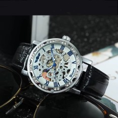 Ceas barbatesc Winner CS1746, automatic, piele naturala, negru, cadran alb