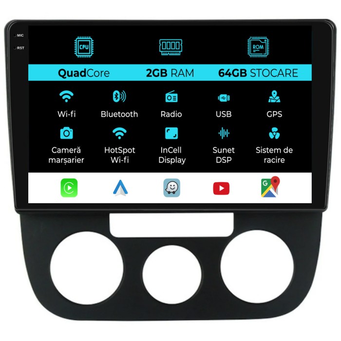 Navigatie Dedicata Volkswagen Golf5 Jetta (2004-2009), 10Inch, 2Gb Ram, 32Gb Stocare, Carplay - Clima Manuala