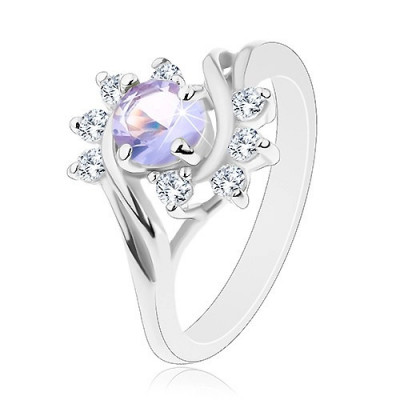 Inel strălucitor de culoare argintie, zirconiu rotund violet deschis, arcade - Marime inel: 56 foto