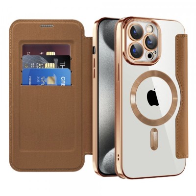 Husa MagSafe pentru Apple iPhone 15 Pro Max, Techsuit, SmartMag Book, Maro foto