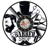 Ceas de perete decorativ realizat din disc de vinil, Model Barber Shop, Portret Barbat cu Barba, Joben, Foarfece, Brici si Cilindru, Negru Premium, 30