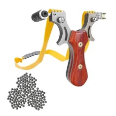 Set prastie cu lase, Sling Queen, metalic, 11.5 cm, cu boloboc, maner lemn, maro si 300 bile de 6 mm