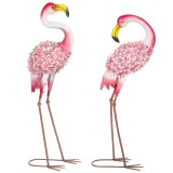 Outsunny Set 2 statuete Flamingo pentru grădină, păsări metalice cu pene florale, sculpturi cu țăruși de ancorare, Roșu | Aosom Romania