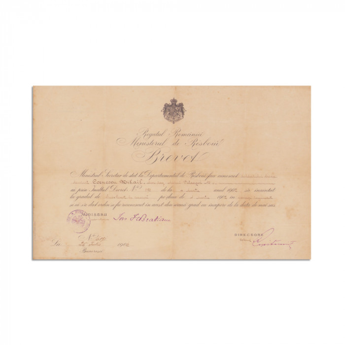 Cornescu Mihail, brevet semnat olograf de Ion I. C. Brătianu, 1902