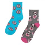 șosete Sport Fancy, Quart, Set 2 Perechi, Imprimeu Donuts și Pugs, Turcoaz și Gri, Femei, Multicolor, Oem