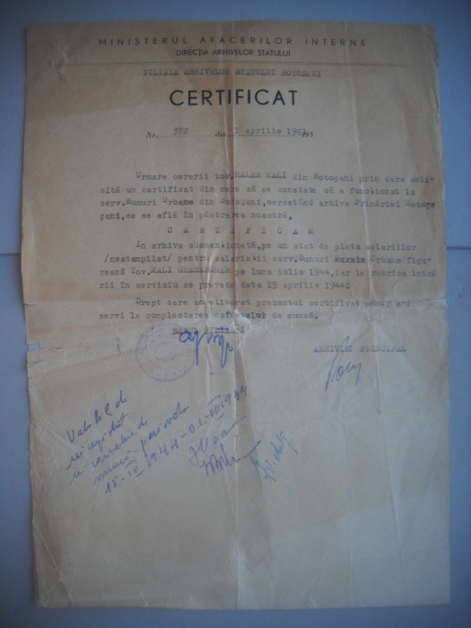 HOPCT DOCUMENT VECHI 404 CERTIFICAT ARHIVELE STATULUI M I BOTOSANI 1961