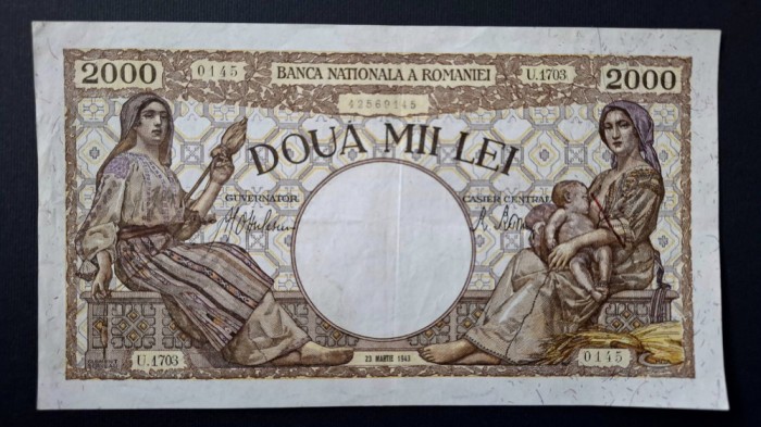 ROMANIA - 2000 LEI - MARTIE 1943 . Data rara . VF +/ XF - . Super pret !
